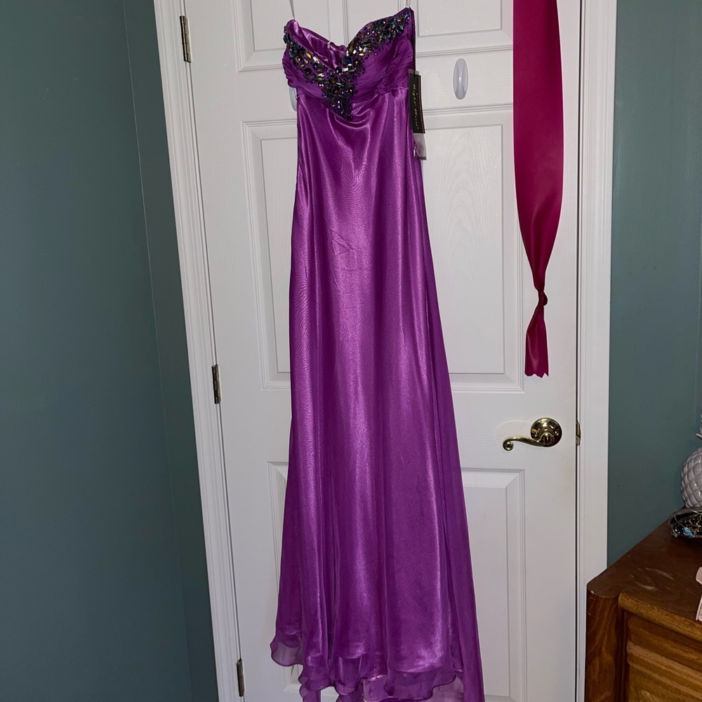 Purple Strapless Beaded Floor Length Dress